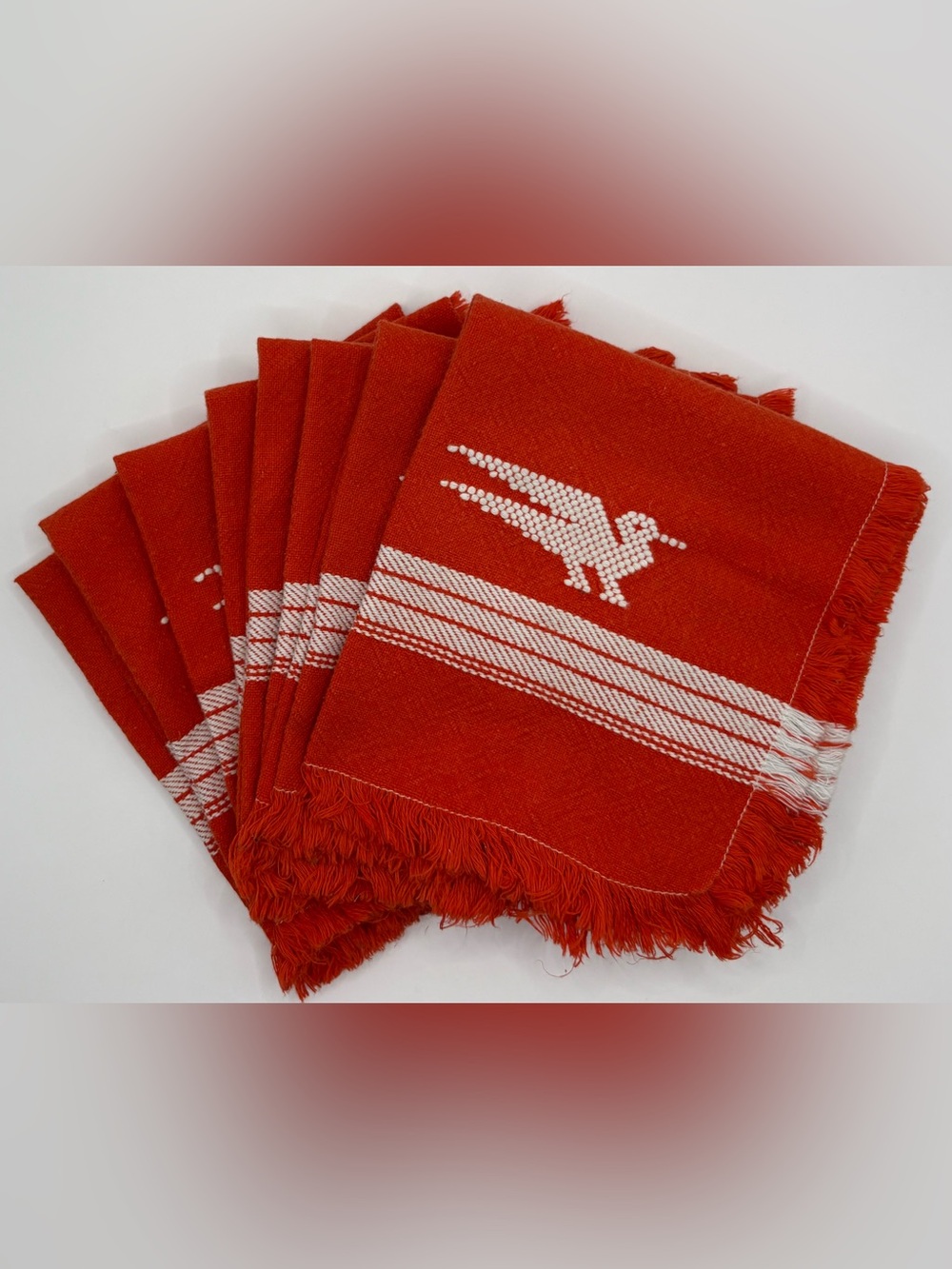 Vintage Set of 8 Woven Cotton Napkins: Retro Bird Design